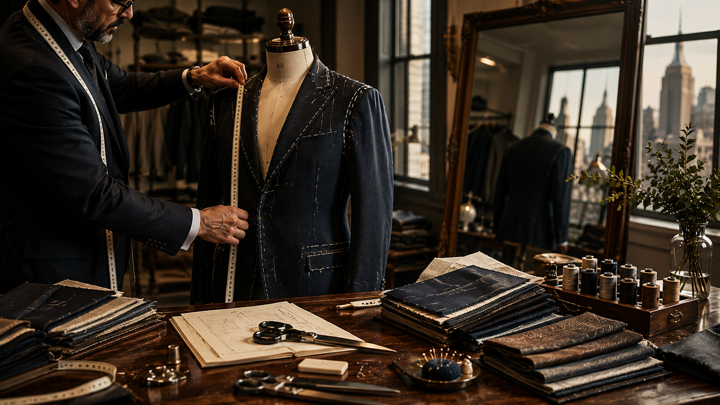 A tailor measuring jacket for the Vestium NY journal article ‘How to Measure Yourself for a Custom Suit (And When to Let Us Do It)’.