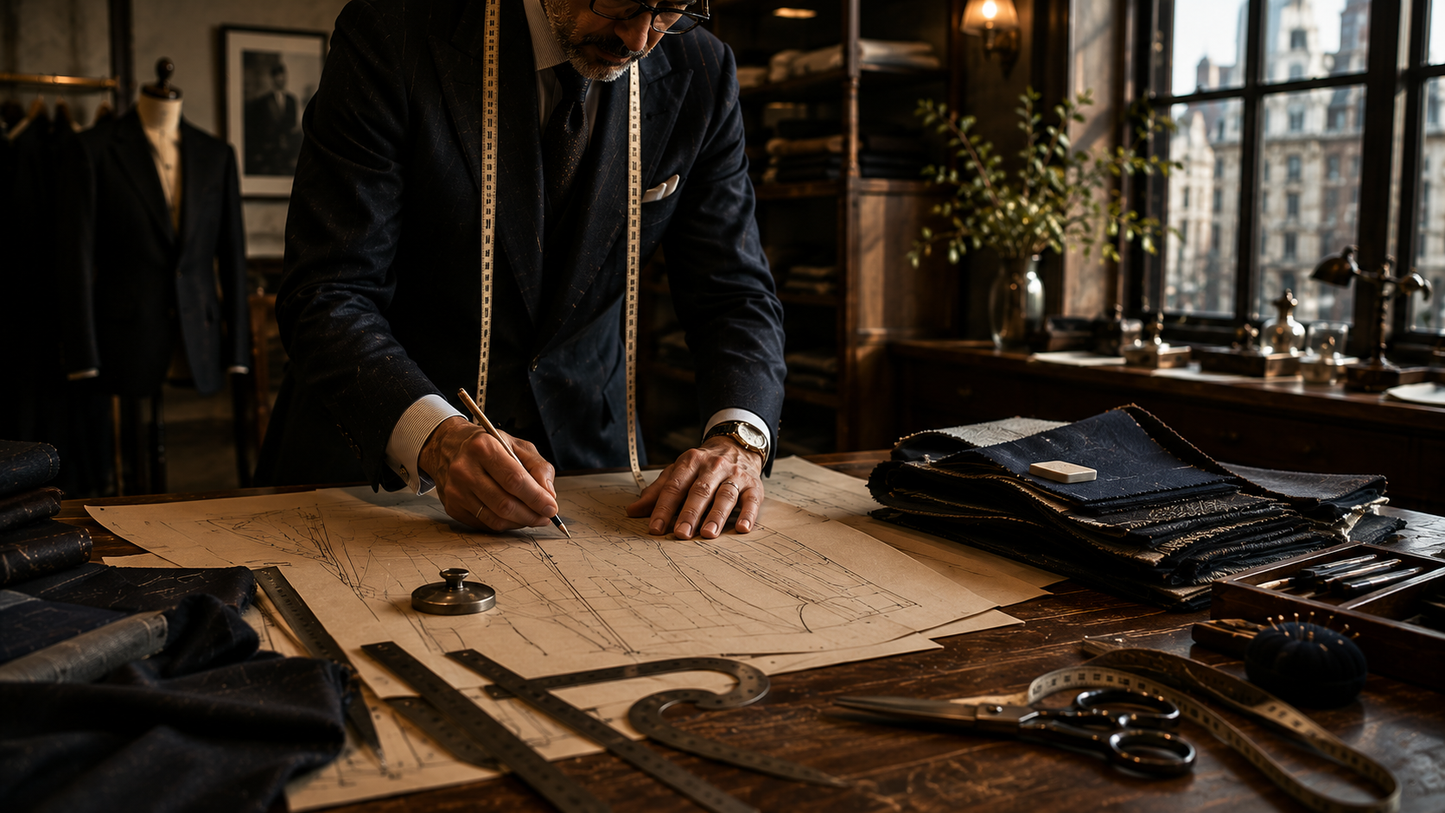 A pattern drafting table for the Vestium NY journal article ‘How Long Does a Custom Suit Take? Vestium NY's Timeline Explained’.