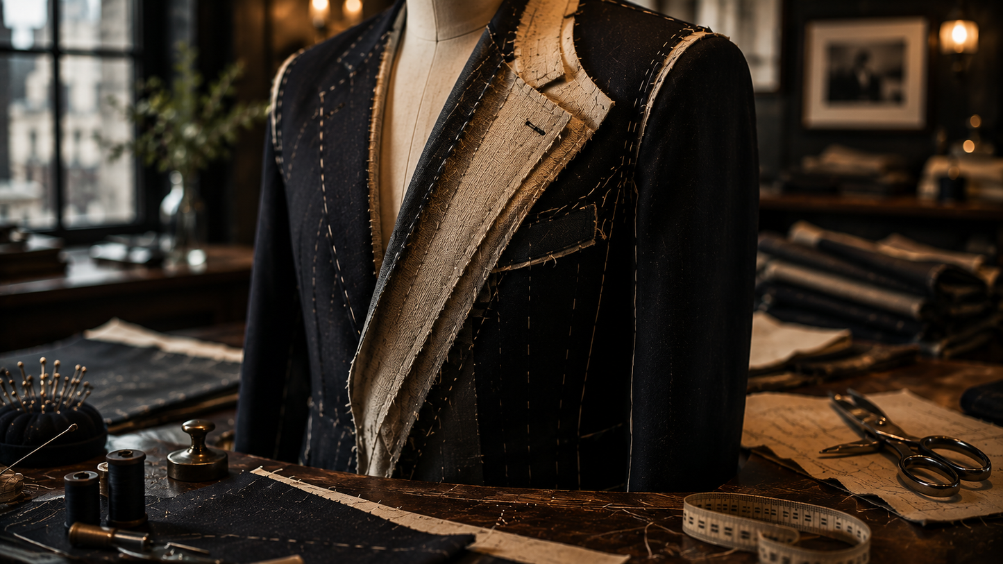 A jacket under construction for the Vestium NY journal article ‘What Is a Full Canvas Suit? Why Construction Matters as Much as Fabric’.
