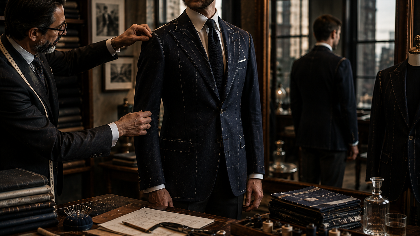 A client fitting scene for the Vestium NY journal article ‘How to Break in a New Suit: The First Month of Wearing It’.