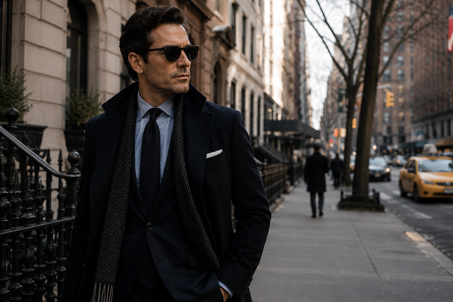 A tailored figure on NYC street for the Vestium NY journal article ‘The Art of Dressing Down a Suit: How to Make Formal Clothing Feel Effortless’.