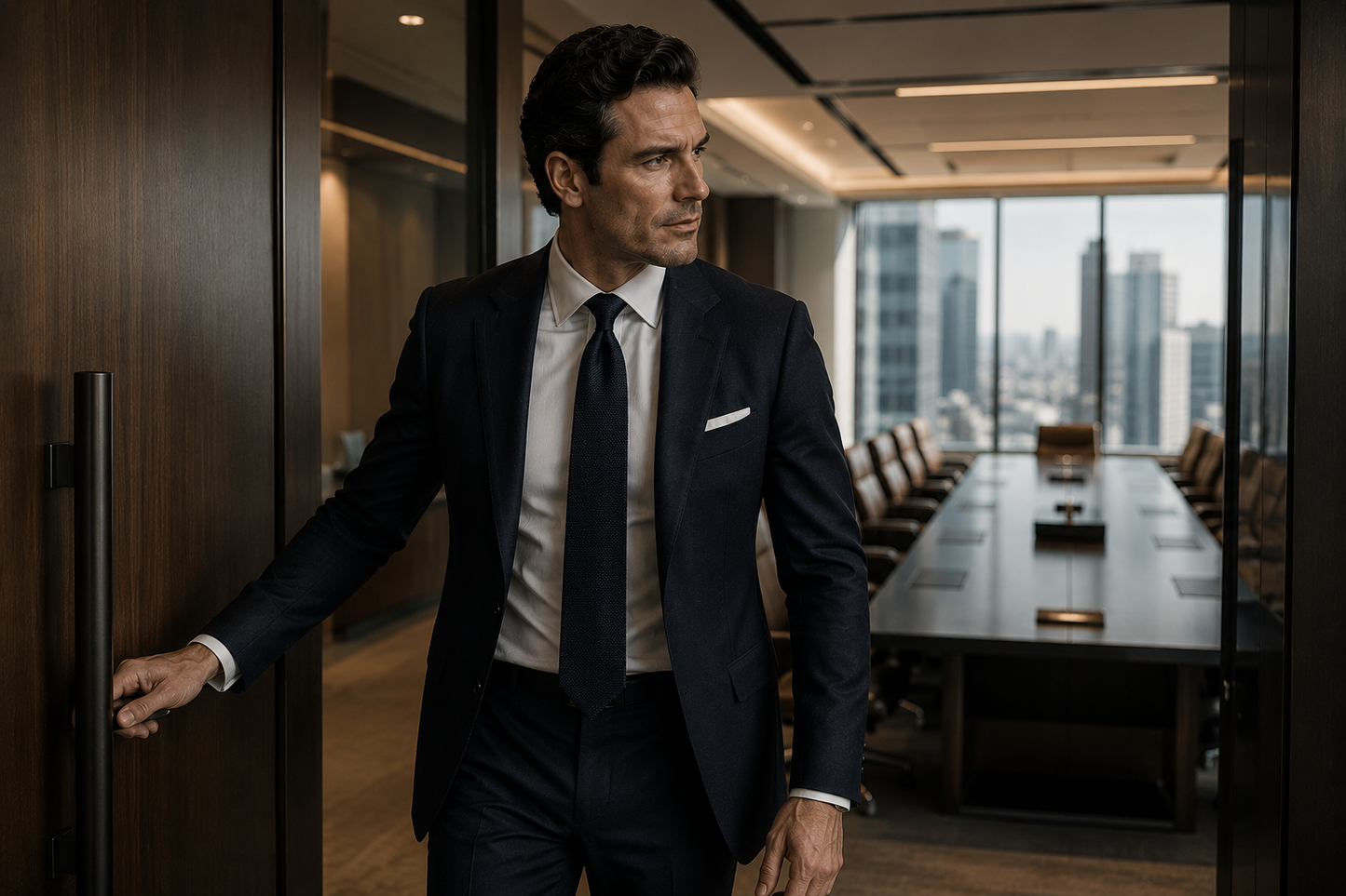 A executive entering boardroom for the Vestium NY journal article ‘How to Dress for a Board Meeting When You Want to Command the Room’.