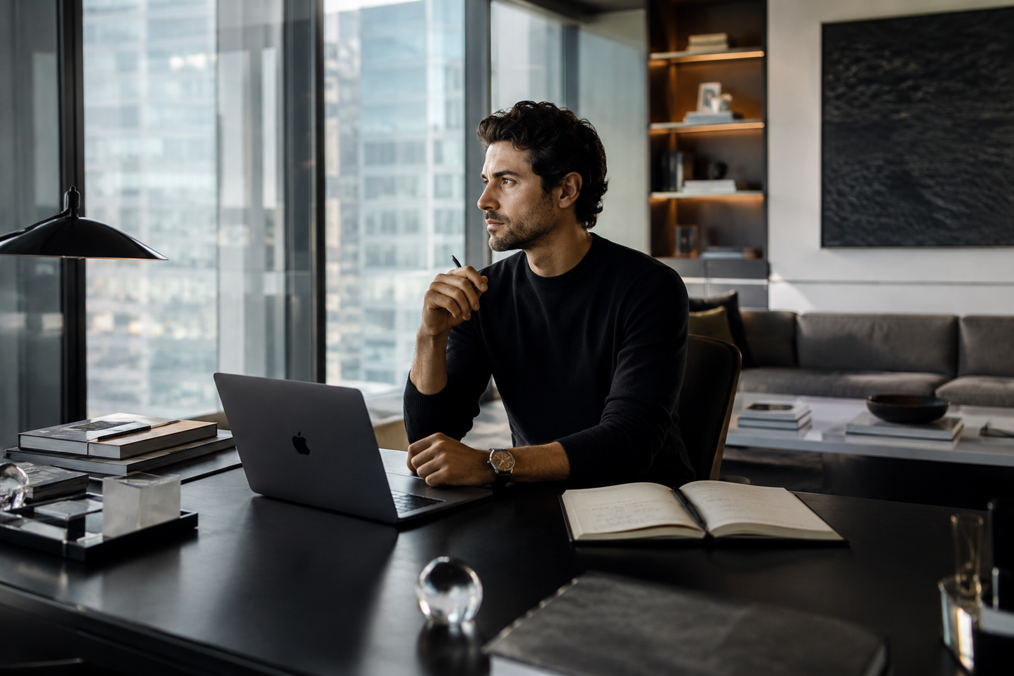 A founder in modern office for the Vestium NY journal article ‘How to Build a Complete Suit Wardrobe from Scratch’.