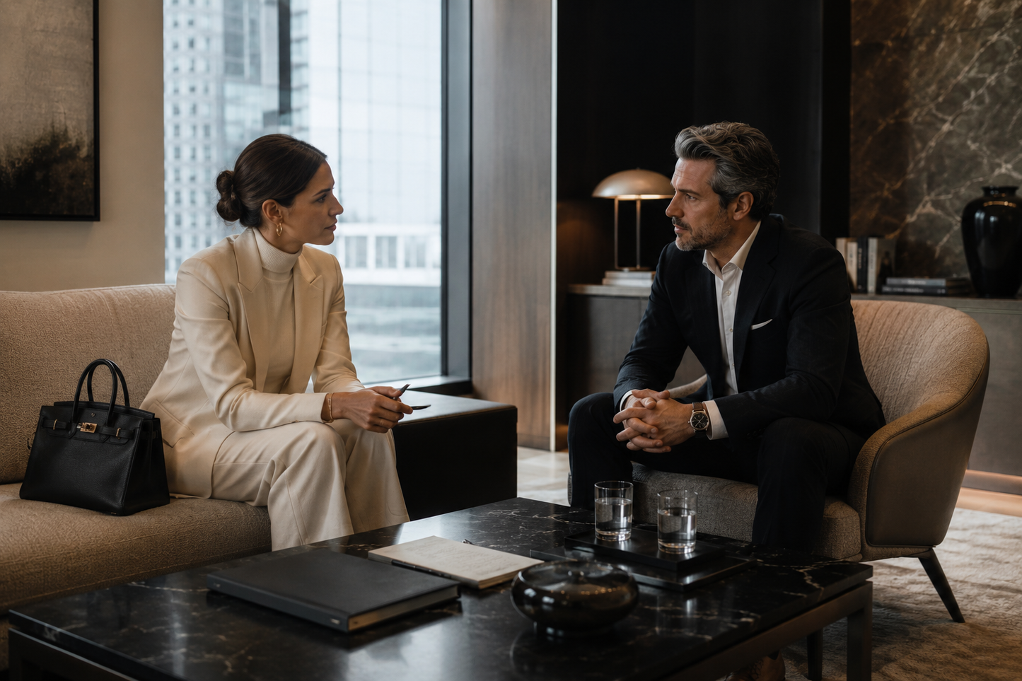 A quiet luxury meeting for the Vestium NY journal article ‘How to Wear a Suit Without a Tie and Still Look Intentional’.