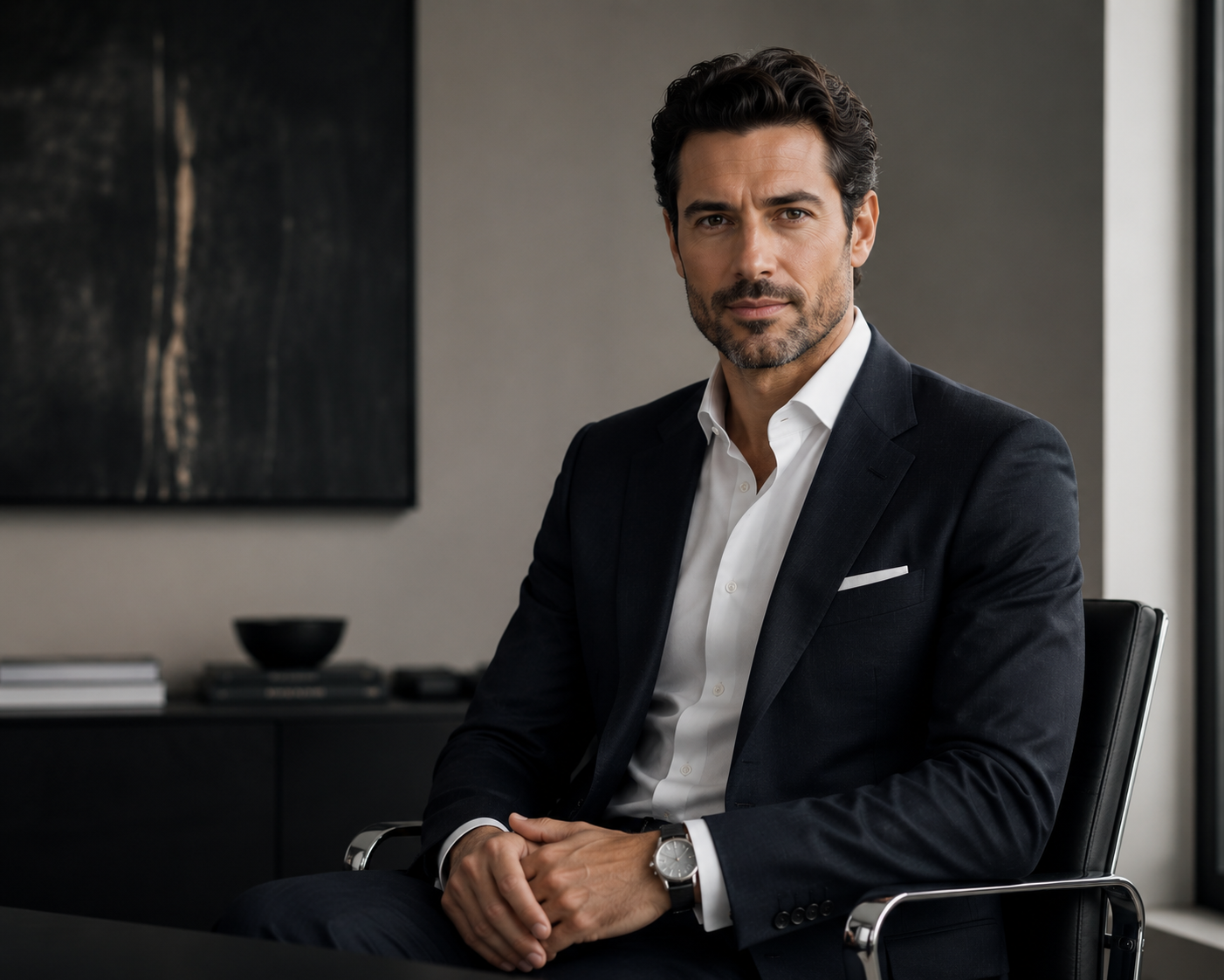 A tailored professional portrait for the Vestium NY journal article ‘The Grey Suit: Light, Medium, Dark — and What Each Signals’.