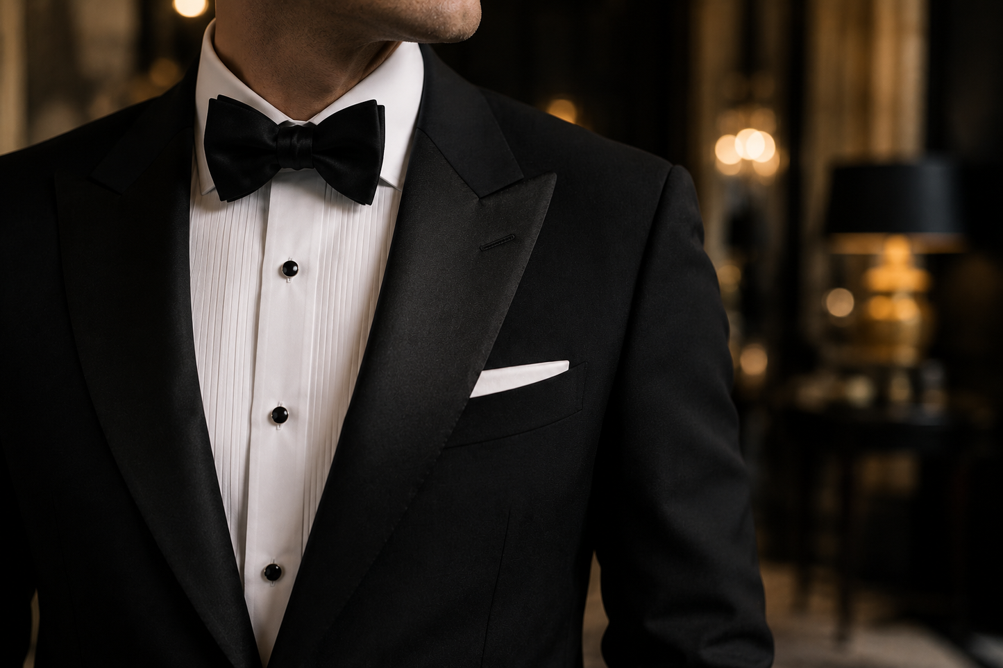 A black tuxedo detail for the Vestium NY journal article ‘The Dress Shirt Collar Guide: Spread, Point, Button-Down — When to Wear Each’.