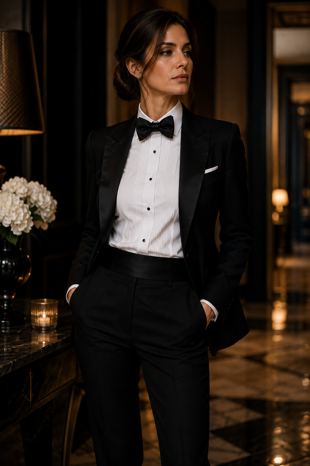 A women's tuxedo for the Vestium NY journal article ‘How to Dress for a Black Tie Event as a Woman Who Prefers Tailoring to Gowns’.