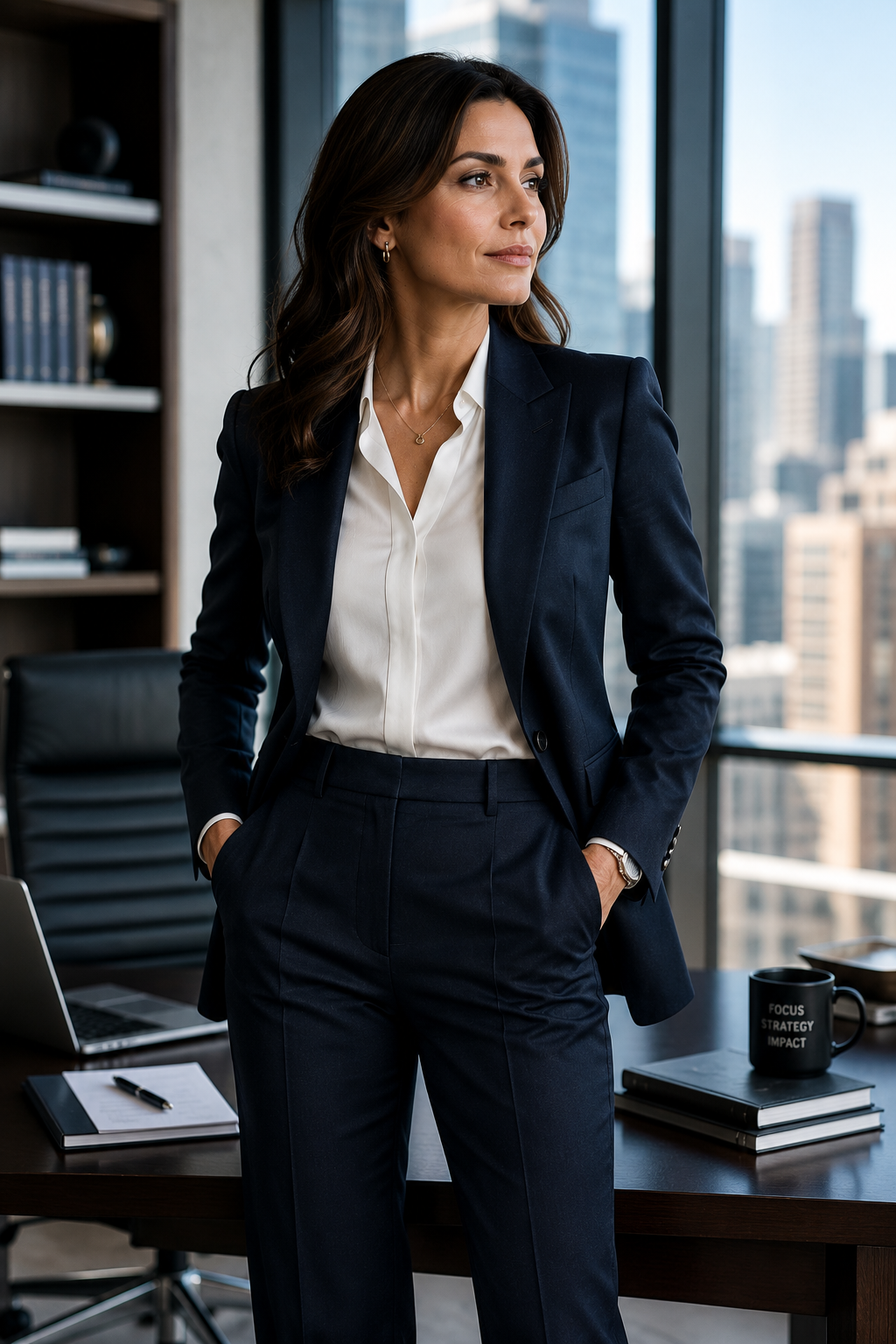 A female executive suit for the Vestium NY journal article ‘The Pantsuit vs. the Skirt Suit: When to Choose Each’.