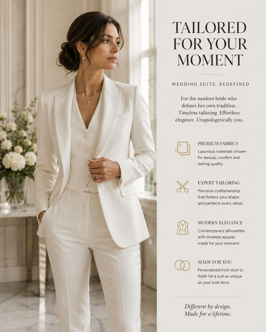 A women's wedding tailoring for the Vestium NY journal article ‘The Women's Wedding Suit: Why More Brides Are Choosing Tailoring Over Gowns’.