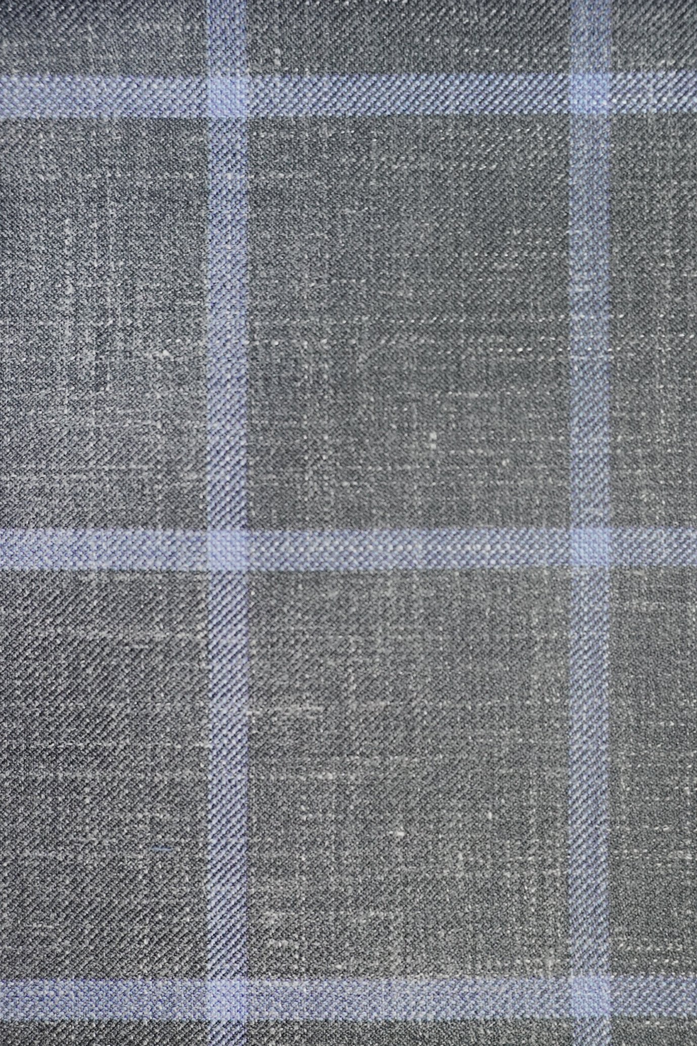 
                  
                    Grey Light Blue Windowpane Wool Linen Silk Suit Fabric Swatch
                  
                