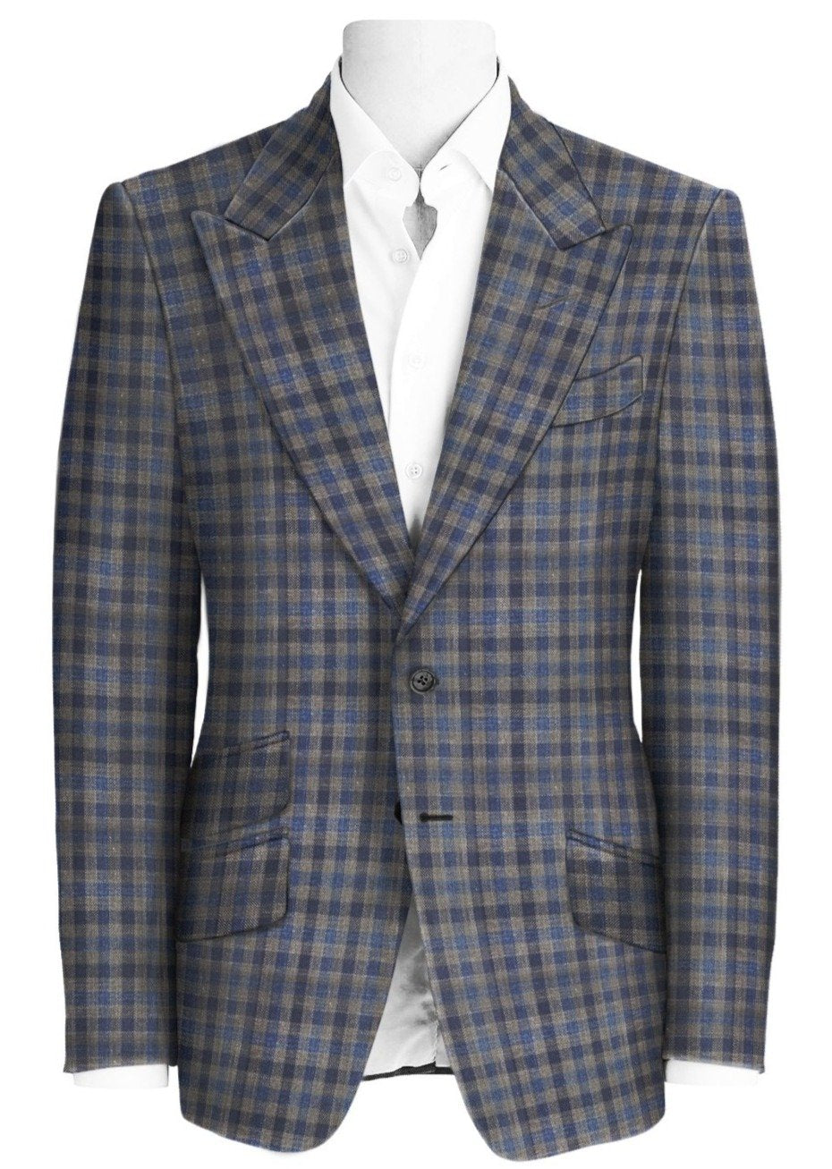 
                  
                    Men's Blue Brown Plaid Italian Wool Silk Linen Single Breasted Peak Lapel Custom Suit Jacket
                  
                