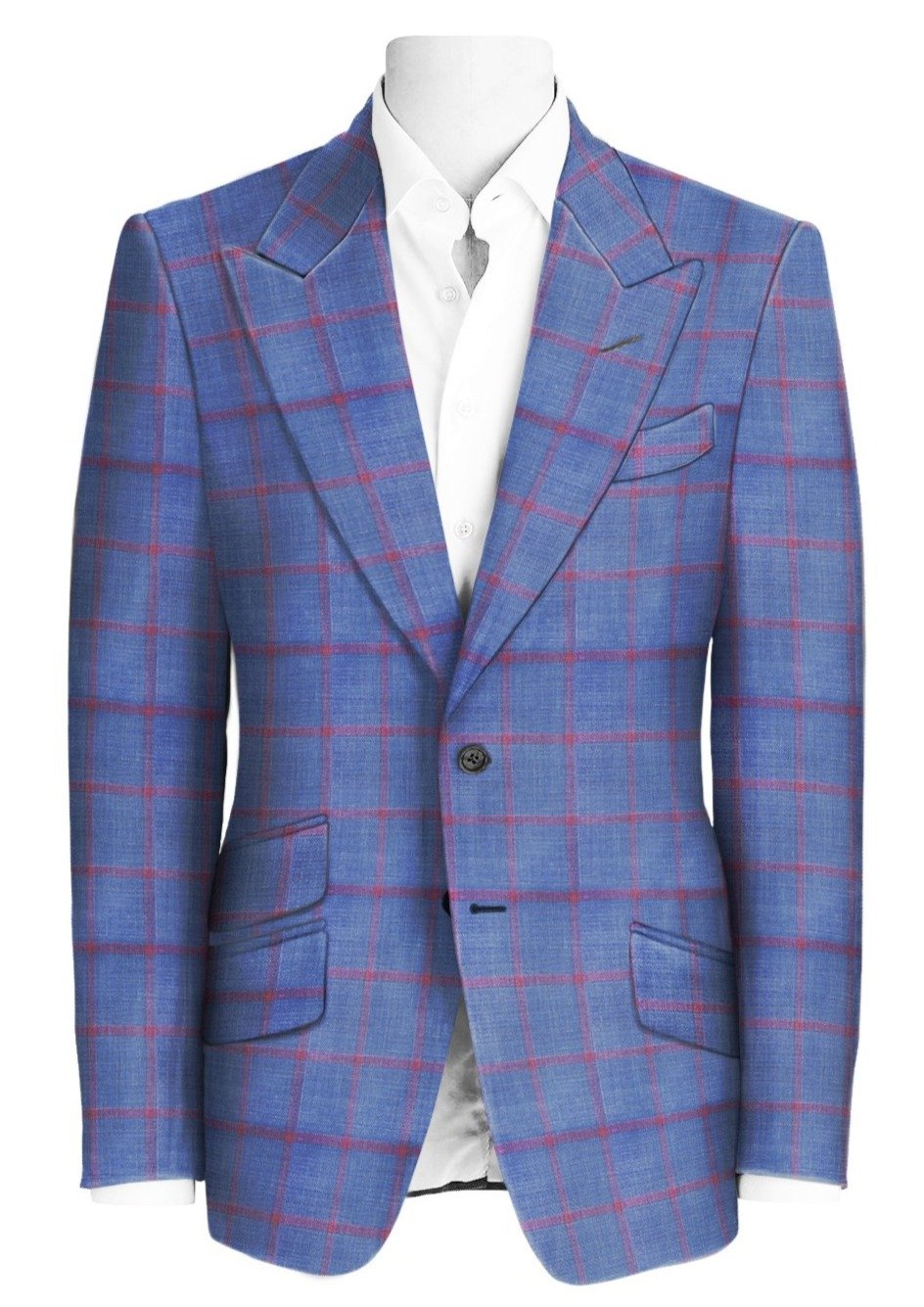
                  
                    Men's Blue Red Windowpane Wool Linen Silk Single Breasted Peak Lapel Custom Suit Jacket
                  
                
