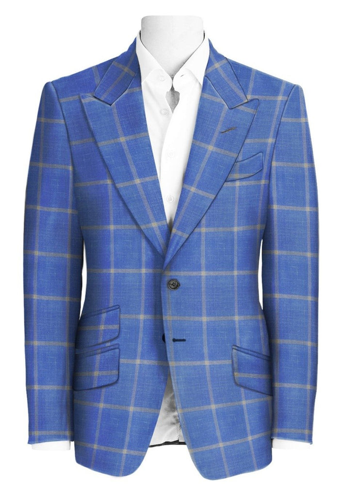
                  
                    Men's Blue Yellow Windowpane Wool Linen Silk Single Breast3ed Peak Lapel Custom Suit Jacket
                  
                