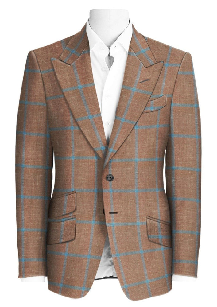 
                  
                    Men's Brown with Green Windowpane Wool Linen Silk Single Breasted Peak Lapel Custom Suit Jacket
                  
                