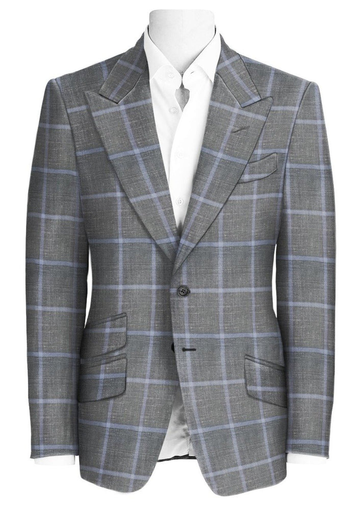 
                  
                    Men's Grey with Light Blue Windowpane Wool Linen Silk Single Breasted Peak Lapel Custom Suit Jacket
                  
                